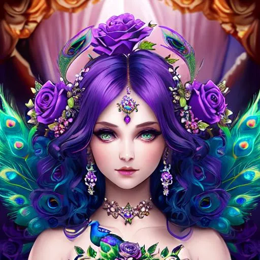 Prompt:  peacock fairy goddess, purple roses, facial closeup