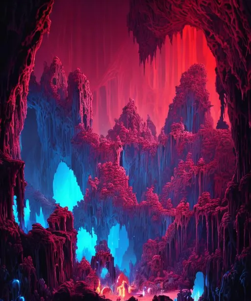 Prompt: a scary dank cave with blood on the walls, bloodfell caves, Masterpiece,  photo quality,  cinematic light, ((depth of field)), fractal isometrics details bioluminescence, analogous colors, Luminous Studio graphics engine, trending on artstation Isometric Centered hyperrealist cover photo awesome full color, gritty, glowing shadows, high quality, high detail, high definition