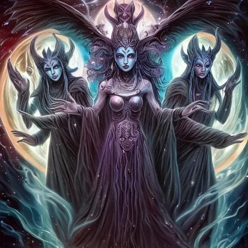 Prompt: In the dawn of creation, within the celestial realm, Kreaya, the Mother of Darkness, stood proudly as the twin Sun Gods, Otharion and Keldar, were born into existence. Bathed in divine light, they emerged with a majesty that matched the very essence of the cosmos. Otharion, the elder, possessed an aura of benevolence and compassion, his warmth comforting all who sought his embrace. Beside him, Keldar, the younger, exuded a spirited fire that ignited the hearts of those around him, inspiring them to seek boundless adventures.

In the realm of divinity, Otharion stands tall and regal, his luminous presence emanating an aura of benevolence and wisdom. His eyes, like celestial orbs, hold the secrets of time and space, guiding all with compassion and light. A golden crown adorns his noble brow, symbolizing his sovereignty over life and creation. Beside him, Keldar blazes like a living comet, his fiery mane dancing with sparks of adventure and courage. His confident gaze is a beacon of inspiration, igniting hearts with the thirst for boundless exploration. Clad in celestial armor that shimmers like the sun's embrace, Keldar embodies the essence of daring and vitality. Gazing upon the twins, Kreaya stands as the Mother of Darkness, her ethereal beauty veiled in mystery. Her obsidian eyes mirror the depths of the cosmos, and her flowing dark robes envelop her with an aura of enigmatic power. As she watches over her sons, her presence ensures the cosmic balance, weaving the threads of light and shadow into the eternal tapestry of creation.