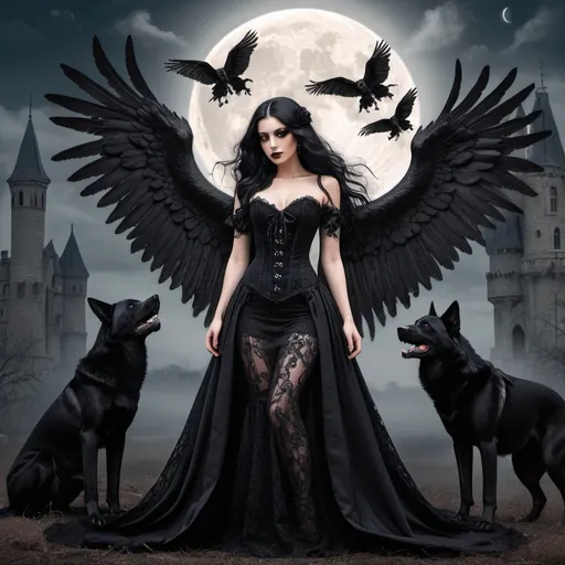 Prompt: A tall dark angel woman, with long black hair, brown eyes, black long wings, dressed with a black laces corset. She is adorned in an elegant black long dress with intricate lace details and stunning black roses. The background is a landscape with a goth castle, with big black wolves, fullmoon, and black skulls on the ground. Full body photo.