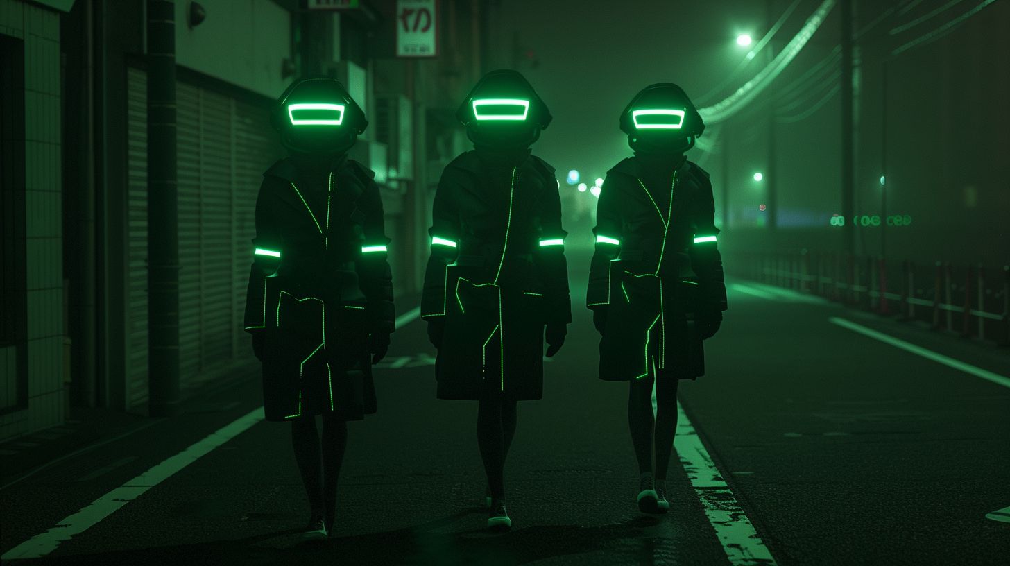 Prompt: three people wearing futuristic clothing walking down a city street, in the style of light yellow and emerald, miki asai, oversized objects, vray, cryptopunk, japanese minimalism, silver and green