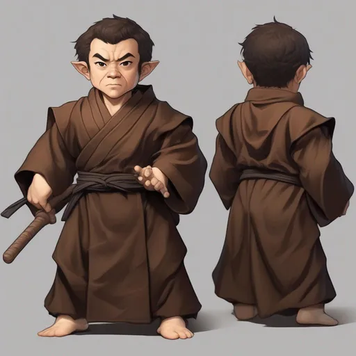 Prompt: Halfling, wearing Kenpogi, fighting robe, dark brown and brown in color, masterpiece, best quality, in cartoon style