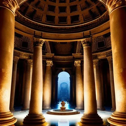 Prompt: an old temple, pantheon, columns, little lights, water flowing down, energy circulating, geometric patterns, uhd uhr