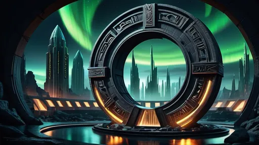 Prompt: magical portal between cities realms worlds kingdoms, circular portal, ring standing on edge, upright ring, freestanding ring, hieroglyphs on ring, complete ring, ancient roman architecture, atlantis city plaza setting, aurora borealis, panoramic view, dark night, futuristic cyberpunk tech-noir setting