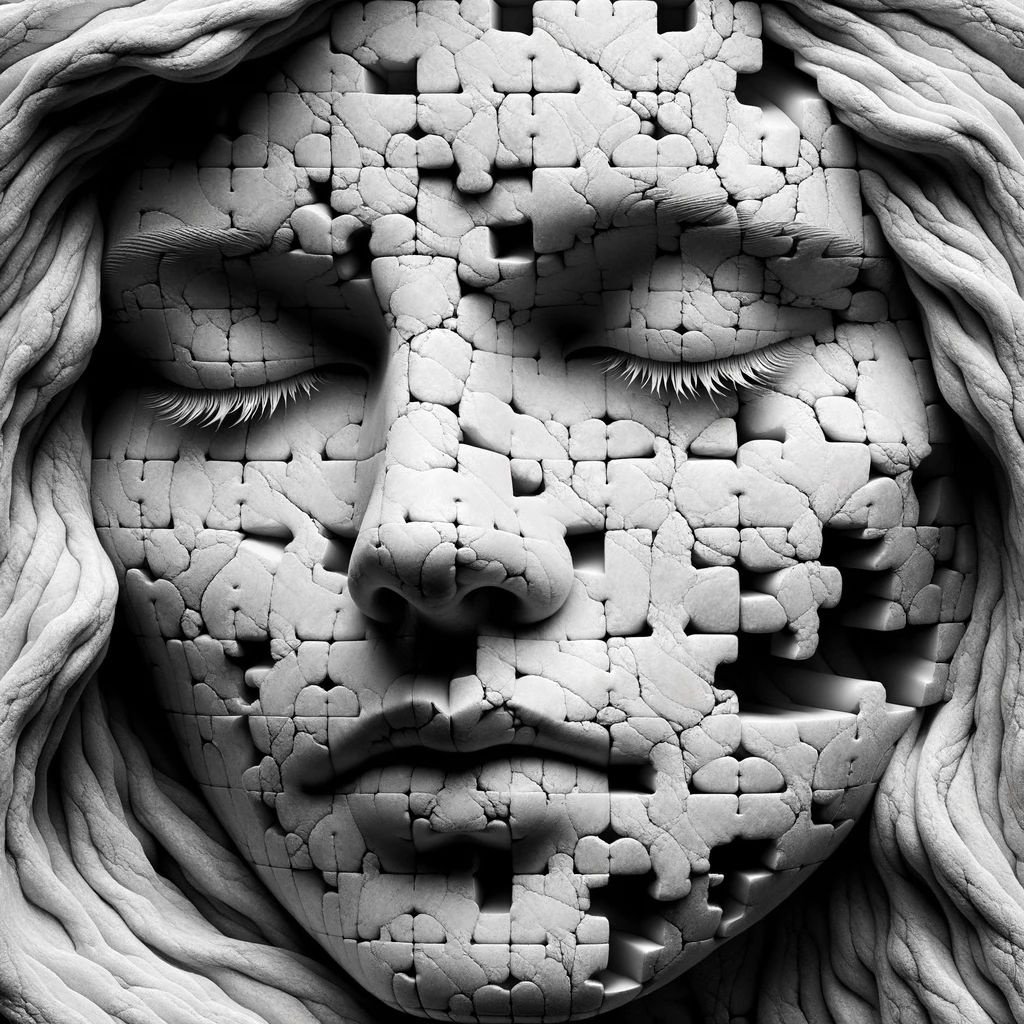 Prompt: Photo of a woman's face, reconstructed in 3D using fractal methods. The style is reminiscent of melancholic symbolism, with the texture of cracked stone. The face is fragmented into puzzle-like sections, evoking deep humanistic empathy. The entire piece is presented in black and white, with a sense of weight or draping.