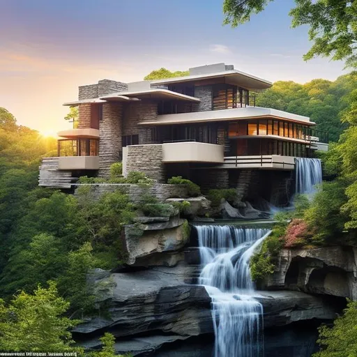 Prompt: Imagine a new home inspired by Fallingwater, perched on a cliff's edge, surrounded by lush trees, with a waterfall and sunrise views. It seamlessly merges nature and architecture for a tranquil living experience