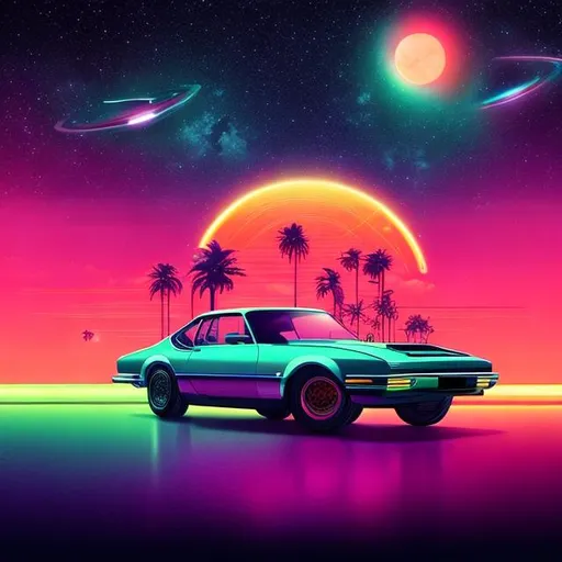 Prompt: retro car scene, miami, retrowave, neon, synthwave, vaporwave, highly detailed, galaxy sky, cosmos