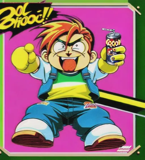 Prompt: cool, character boy mascot, chibi,  energy drink advertisement, scan lines, retro,, 80s. 90s,