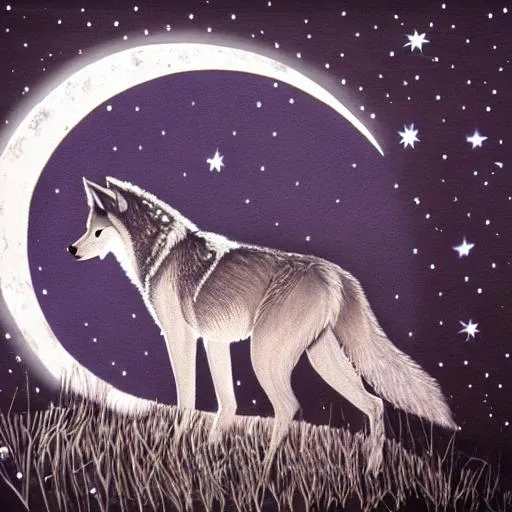 Prompt: Wolf, moon, night, stars