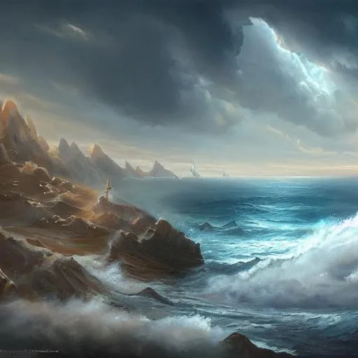 Prompt: a painting of the sea meeting the sky, a detailed matte painting, fantasy art, Artstation, artstation hq, matte painting, artstation hd