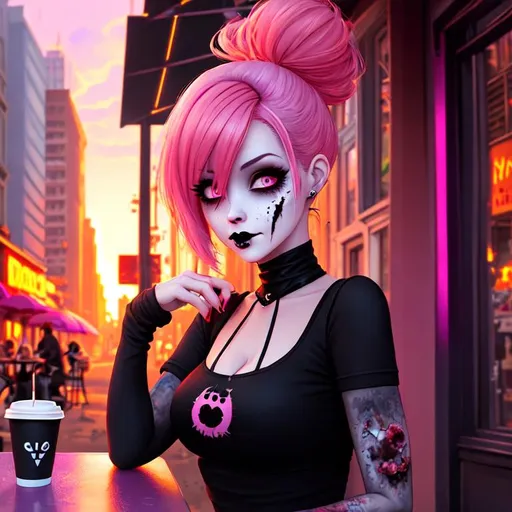 Prompt: Cute Pixar style painting of a zombie woman, veiny skin, pink hair, sitting at a cafe, wearing goth outfit, apocalypse, ((city street on fire)), ruins, coffee, dirty, trash, muted color pallette, ((buildings on fire)), ultra realistic, soft light, dusk, sunset, backlit, vaporwave