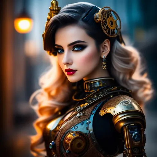 Prompt: Produce a photograph of a steampunk robotic beautiful female android, blonde hair, dark brown eyes, looking into the camera, with fantasy colors, spot lights, in a light background, high quality, trending art, trending on artstation, sharp focus, studio photo, intricate details, highly detailed, UHD, HDR, 8K, ((Masterpiece))