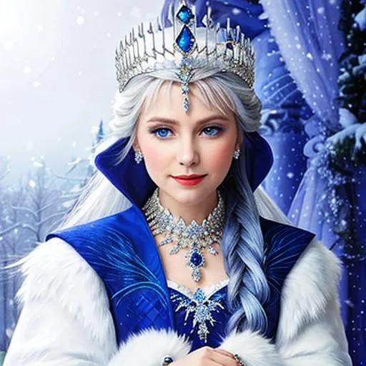 Prompt: Snow queen, wearing sapphire jewelry 