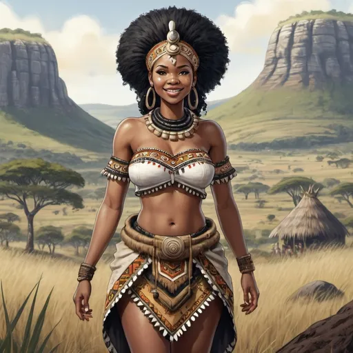 Prompt: Full body, Fantasy illustration of a zulu woman, 26 years old, amused expression, traditional garment, curly black hair, high quality, rpg-fantasy, detailed, south african landscape background