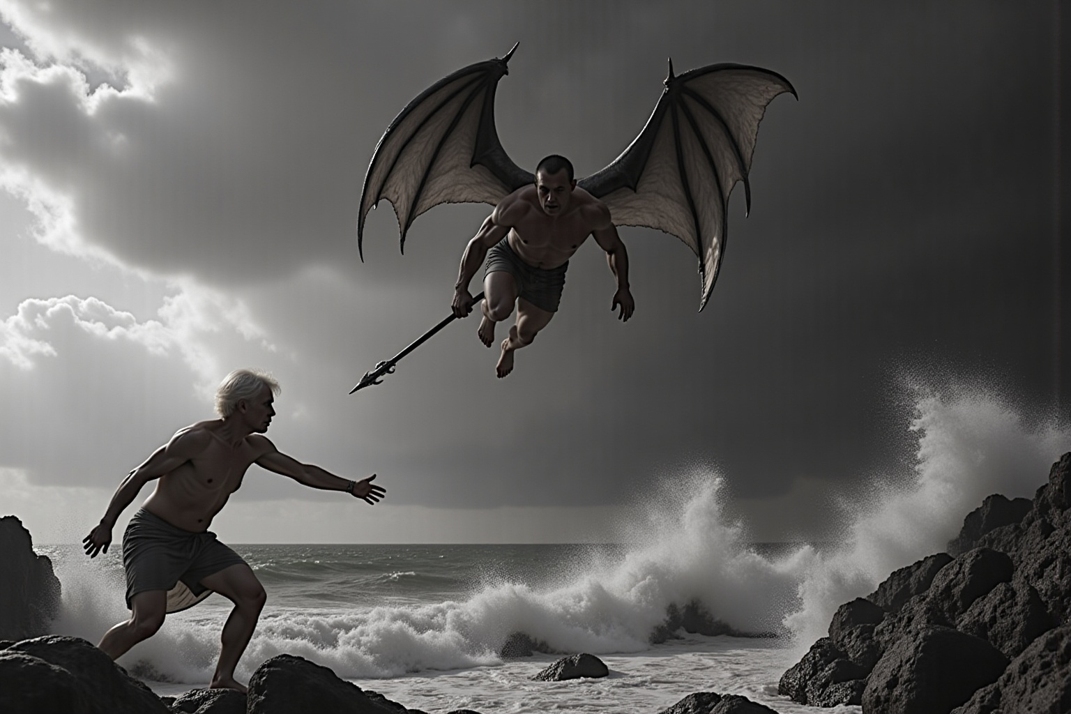 Winged Caesar In a dramatic and tumultuous scene, a muscular, wing...