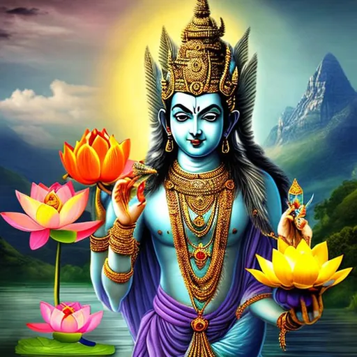 Prompt: Lord Vishnu  holding Lotus in one hand with royal look realistic landscape photography 
