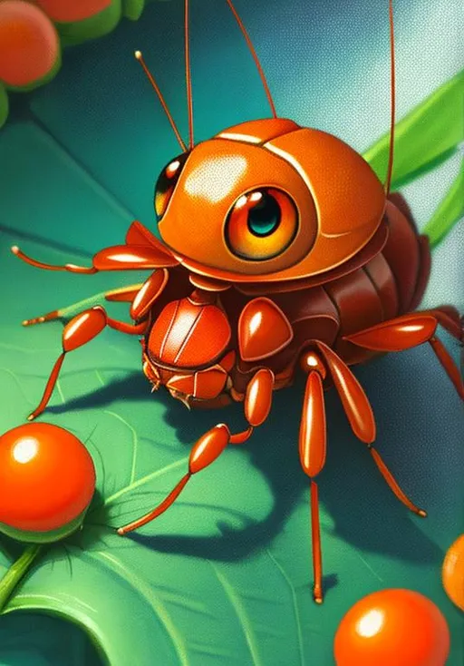Prompt: UHD, , 8k,  oil painting, Anime,  Very detailed, zoomed out view of character, HD, High Quality, Anime, Pokemon, Paras is a small cartoonish cute orange insectoid crab-like cicada Pokémon with large animated eyes and cartoonish mushrooms growing on its head  Its ovoid body is segmented, and it has three pairs of legs. The foremost pair of legs is the largest and has sharp claws at the tips. There are five specks on its forehead and three teeth on either side of its mouth. It has circular eyes with large pseudo pupils.

Red-and-yellow mushrooms known as tochukaso grow on this Pokémon's back. The mushrooms can be removed at any time and grow from spores that are doused on this Pokémon's back at birth by the mushroom on its mother's back. Tochukaso are parasitic in nature, drawing their nutrients from the host Paras's body in order to grow and exerting some command over the Pokémon's actions. For example, Paras drains nutrients from tree roots due to commands from the mushrooms. Paras can often be found in caves. However, it can also thrive in damp forests.

Pokémon by Frank Frazetta