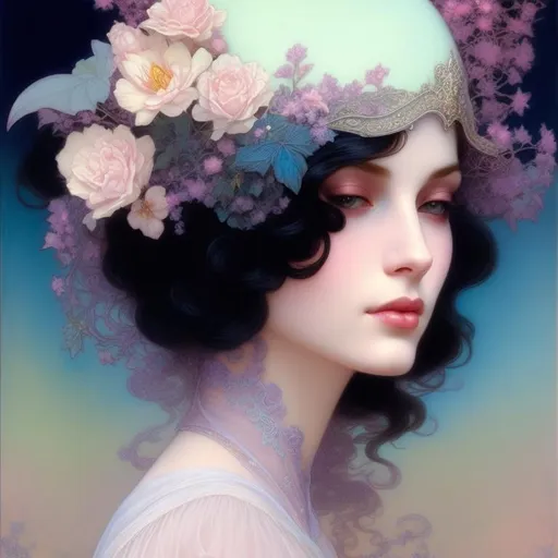 Prompt: Beautiful young victorian/renascence/art nouveau girl, pastel translucent clothes, impeccable hair, powerfull, vivacious realistic eyes, complex, porcelain skin, chiaroscuro, by Magali Villeneuve, Bisson, Rebecca Guay, Jeffrey Catherine Jones, Kim jung gi, Frank frazetta, Stanley Artgerm, Audrey Kawasaki