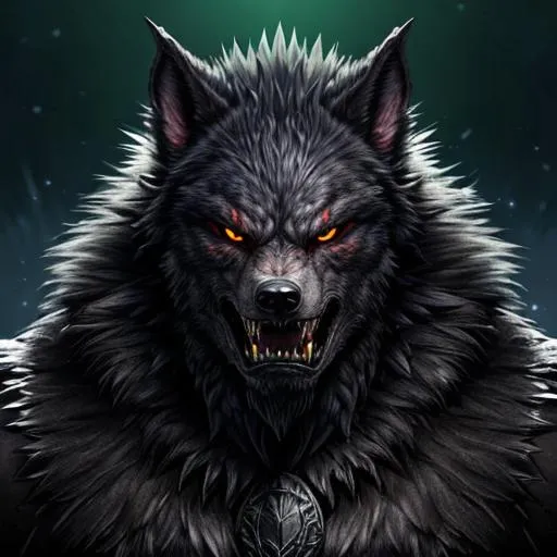 Prompt: highly detailed digital drawing of a werewolf 16k Unreal Engine splash art bloody mouth sharp teeth green glowing eyes on the back a spiked comb long black claws scars on the body muscular body black shiny gray fur in the right claw he holds a severed head that looks like it's me 