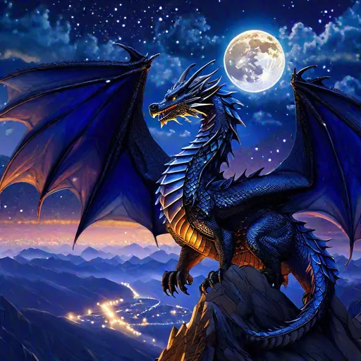 Prompt: "Detailed scene, a close-up shot of a majestic dragon perched on a mountaintop, overlooking a vast landscape. The dragon's scales are incredibly detailed, and its eyes seem to glow with an otherworldly light. The sky is filled with stars, and the moon is full and bright. The overall feeling of the scene is one of awe and majesty"