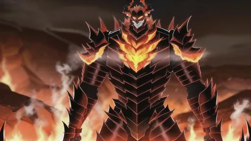 Prompt: Standing at over seven feet tall, Inferno is covered in dark, hardened lava that acts like an exoskeleton. His head resembles a demonic mask with horns, and his hollow hole is located at the center of his chest. His eyes glow with a fiery light, and cracks in his hardened lava skin reveal a burning interior. He wields a large, flame-engulfed broadsword.