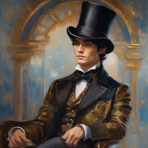 Prompt: legend from the caraval series, according to the book description, portrait, painting, with top hat and coat