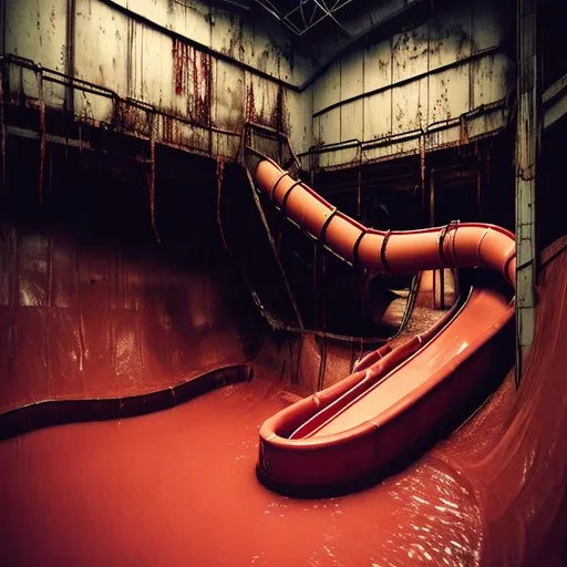 Prompt: Indoor water slides empty dirty vomit dilapidated night dim lighting red dirty dry dark drain meat flesh nightmare holes deep empty