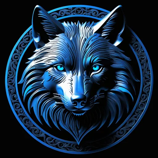 Prompt: The HDMI-connected 3D image is truly top-notch, exuding remarkable realism and intricate details, and boasting deep, intense black hues. logo design, Picture a detailed, dark black background, ( high detailed Wolf), silhouette with intricate blue and neon patterns, The picture is created using computer software to produce a 3D representation, not captured through traditional photography.
