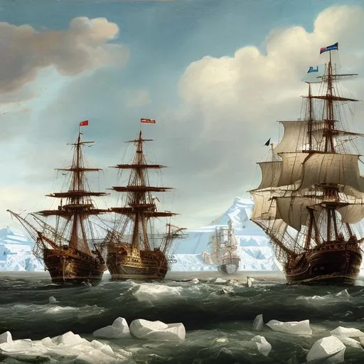 Prompt: A painting of the Antarctic coast and Spanish galleon ship sailing of the coast 