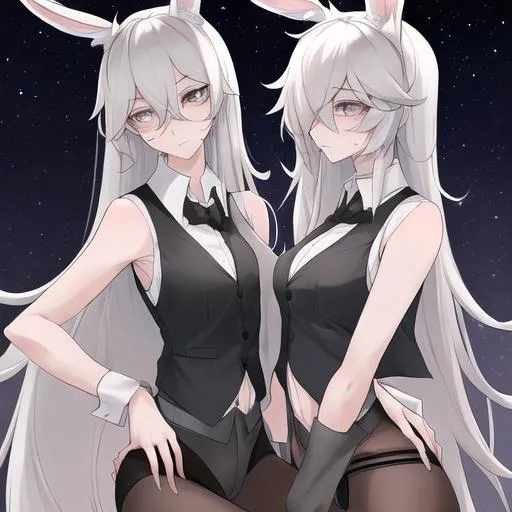 Prompt: Your OC is a lanky withered bunny, with gentle charcoal eyes. They identify as female, and have a soft voice. As an accessory, they have stars, and they can be seen wearing a vest.