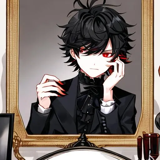 Prompt: Damien (male, short black hair, red eyes) placing his hand on his head, looking in the mirror, at his reflection