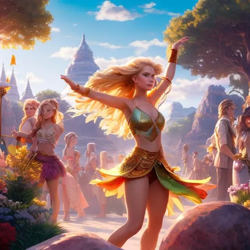 Prompt: Concept art of a beautiful blonde cavewoman ayla dancing at the millennial fair from chrono trigger, outdoor fairgrounds, grass, trees, colorful striped pavillions, by stanley artgerm lau, wlop, rossdraws, james jean, andrei riabovitchev, marc simonetti, and sakimichan, tranding on artstation