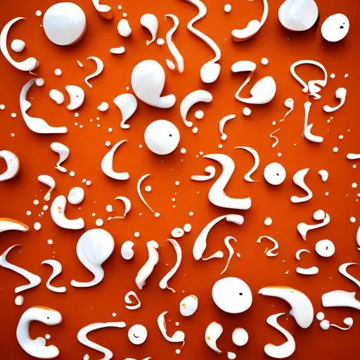 Prompt: Orange background with a lot of white question marks