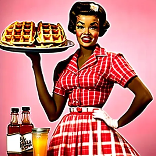 Prompt: 1950's pin up, black woman, waitress, holding a plate of waffles and a container of syrup 
