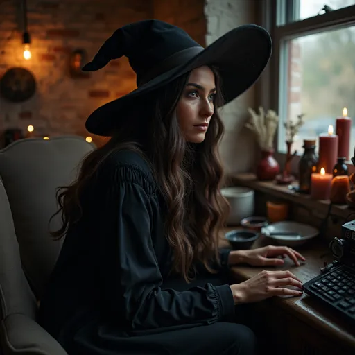 Prompt: a dark witch in a cozy environment
