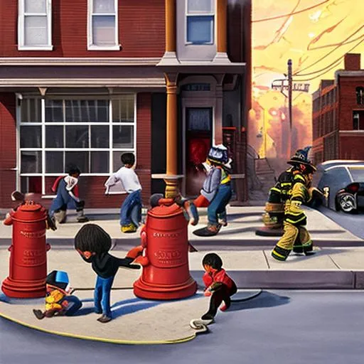 Prompt: a detailed matte painting of in queens,Astoria Steinway street kids playing near a neighborhood fire hydrant 
