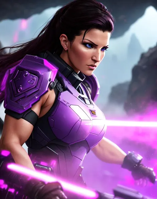 Prompt: Gina Carano, 30 years old, purple mech suit, sleeveless, determined, fierce, hero, dirty, cloak, dramatic, human, cinematic lighting, caustic, cave background, blue eyes, battlefield, ethereal, jewelry set,beautiful, royal vibe, highly detailed, digital painting, Trending on artstation , HD quality, tan skin,artgerm, by Ilya Kuvshinov