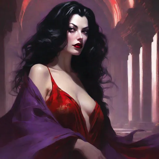 Prompt: digital art close up portrait of a pale-skinned vampire empress with ((long wavy black hair)), purple eyes, red lips, (looks like Ava Gardner),  she wears revealing red seduction robes with (ample cleavage). set in the remnants of an ancient temple. inspired by Greg Rutkowski, Craig Mullins, and Krenz Cushart