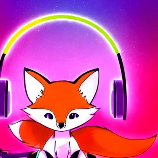 Prompt: A cute anime fox with wide opend eyes listening to music, in the background there are neon lights.
