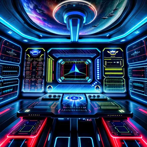Prompt: An inside view of the USS Enterprise Spaceship, hyper-detailed {ultra-detailed: ((the main digital interface of command)), 
(the control panel device), 
(the boardscreen), (LED units), ((high tech equipment)), (engine station), (high tech design 3D, 4D)}
Unreal Engine 5, Octane 3D HDR, Behance 4D Cinema, CryEngine, Ultra HD 1024K, Unreal lighting, 
flawless shapes and lines, perfect image composition, hyperrealistic, wide-angle View, volumetric triadic chromatic, futuristic style, Sci-Fi design, digital art masterpiece, award winning image composition, harmony, clarity, order, proportions, symmetry, axis, rhythm.