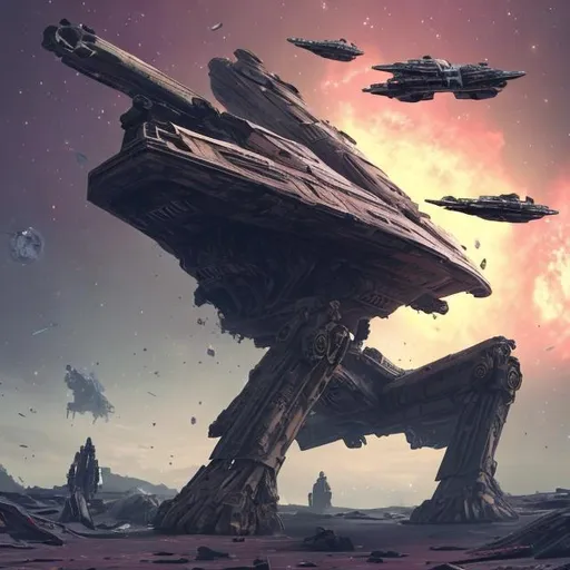 Prompt: star ship wreck rotting ancient war dead planet dead robots body's battle colours space man