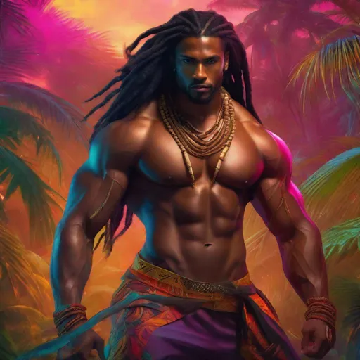 Prompt: Handsome black latino Caribbean man, very long flowing hair twists, sensual Caribbean-inspired battle suit, beefy thick muscular body, battle stance, vibrant colors, hyperrealistic, fantasy jungle background