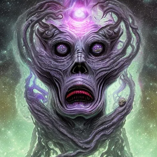 Prompt: lovecraft-like entity formed by a galaxy that barely resembles a face with no mouth, surrounding purple nebulas that resemble a human head and black holes as eyes, floating in an endless void