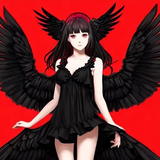 Prompt: girl with black seraphim wings red dress