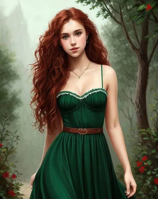 Prompt: Attractive teenaged human female, small tiny flat chested, long pretty dark green dress with bodice and long curly red hair, highly detailed, digital painting, Trending on artstation, HD quality, d&d, fantasy, high art (retain models  face)