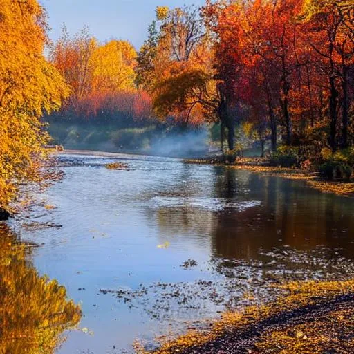 Prompt: Autumn morning besides river and trees