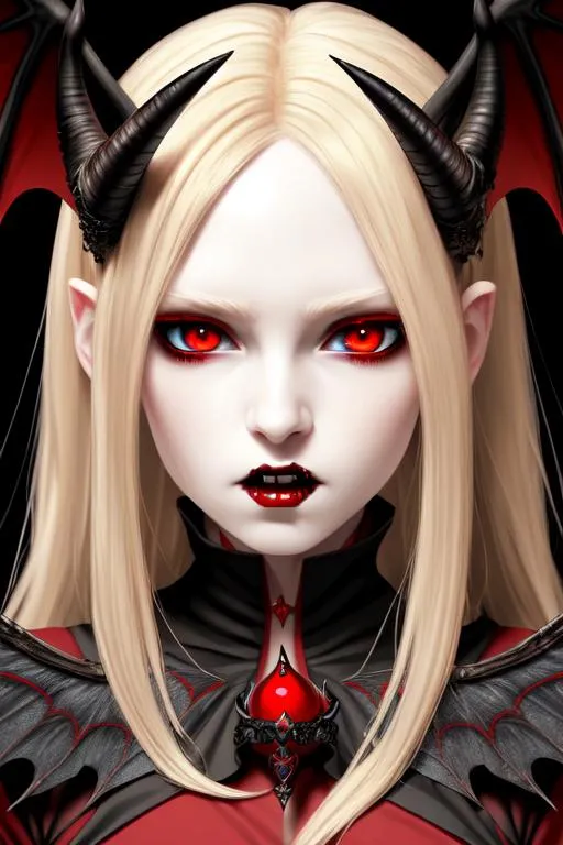 Prompt: masterpiece,high res,high detailed,detailed face,vampire,queen,girl,horn on head,red eyes,blonde hair,(pale face:1.1),black wings