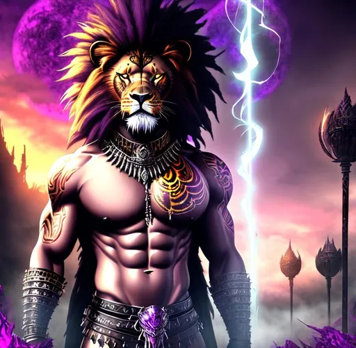 Prompt: Horror, Scary, Ominous, Sinister, freeform dark chaos epic bold, 3D, HD, {one}({liquid metal {African}Lion dressed in Barbarian outfit} with {purple gold pink green red silver blood}ink), expansive psychedelic background --s99500