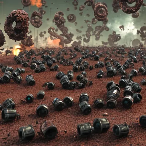 Prompt: a swarm of black nanobots eat the rusty cylinder on the table