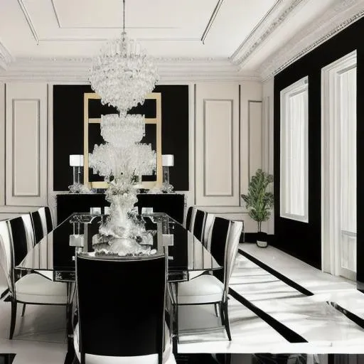 Prompt: black mirrored dining room, elegant, crystal frame chairs, emerald upholstery, elegant and sophisticated. miami art moderne. photorealism.